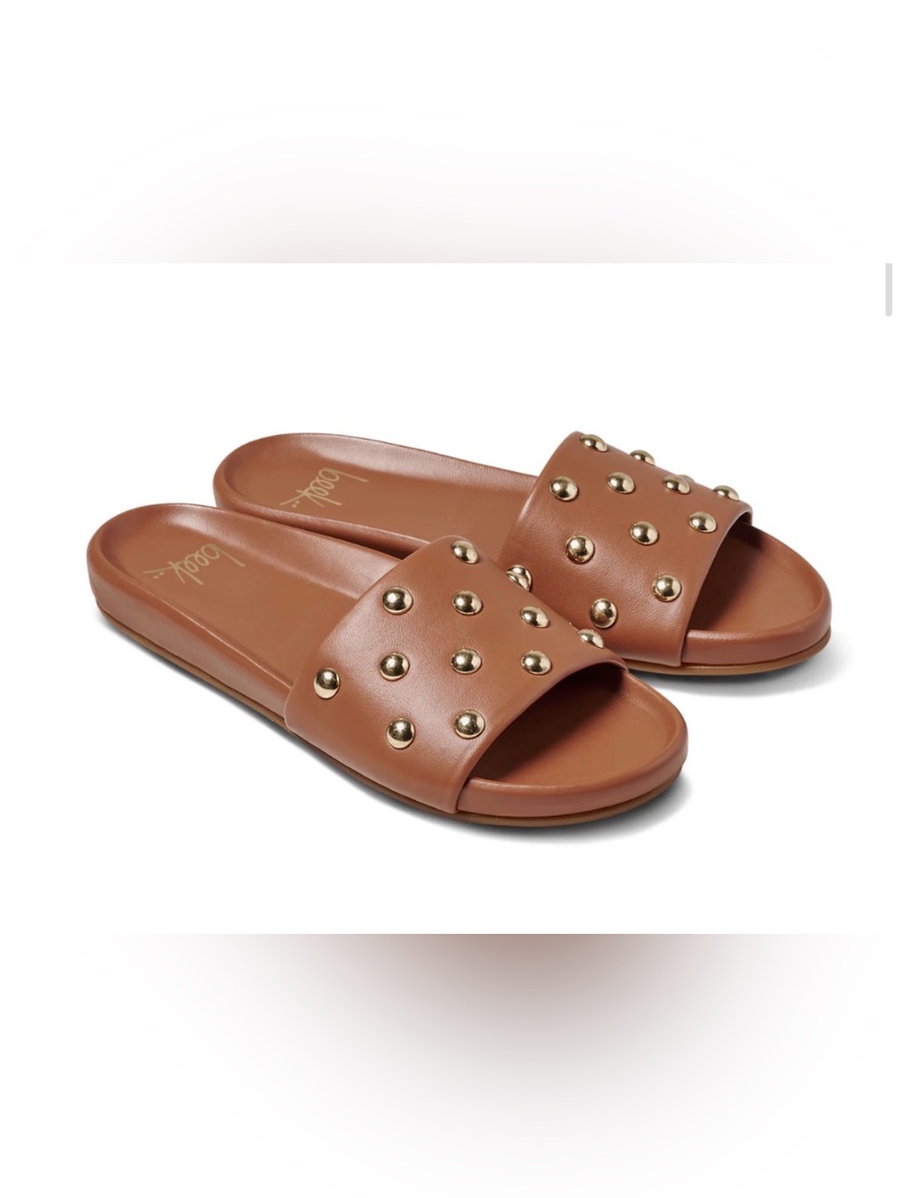 Beek Gallito Stud Leather Slide Sandal in tan + gold